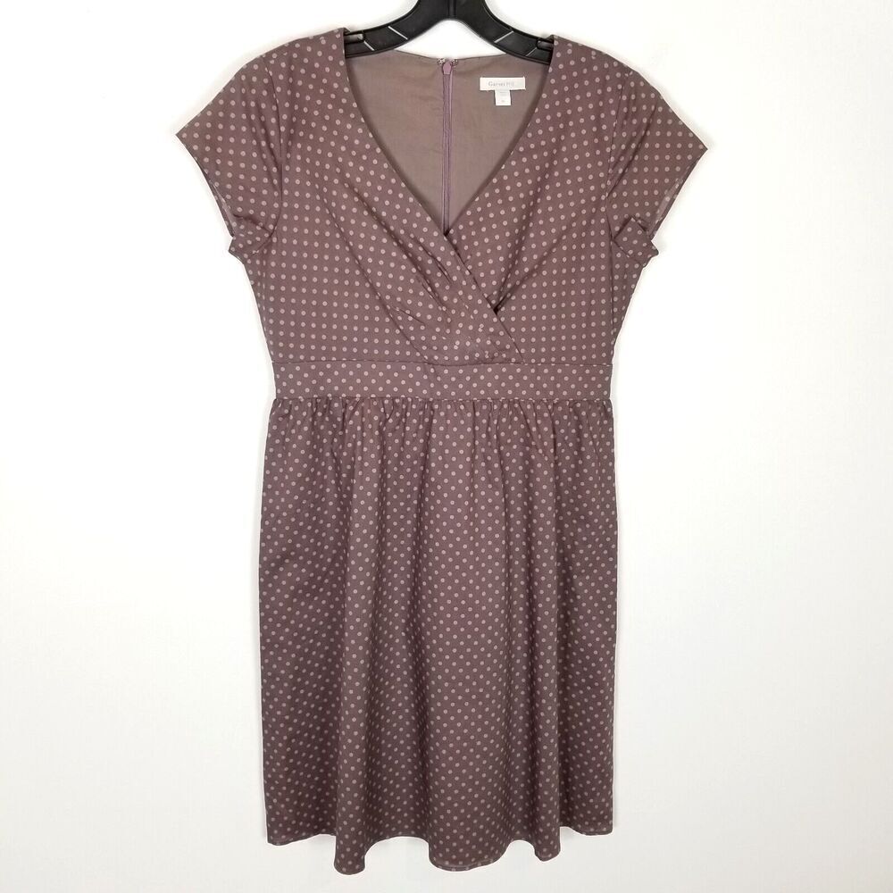 Garnet Hill Marisol Voile Dress Sz 8 Petite Polka Dot Brown Beige Cap Sleeve